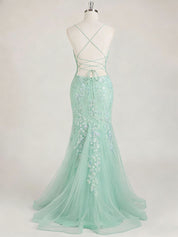 Mint Green V-Neck Mermaid Prom Dress with Floral Sequin Appliqué