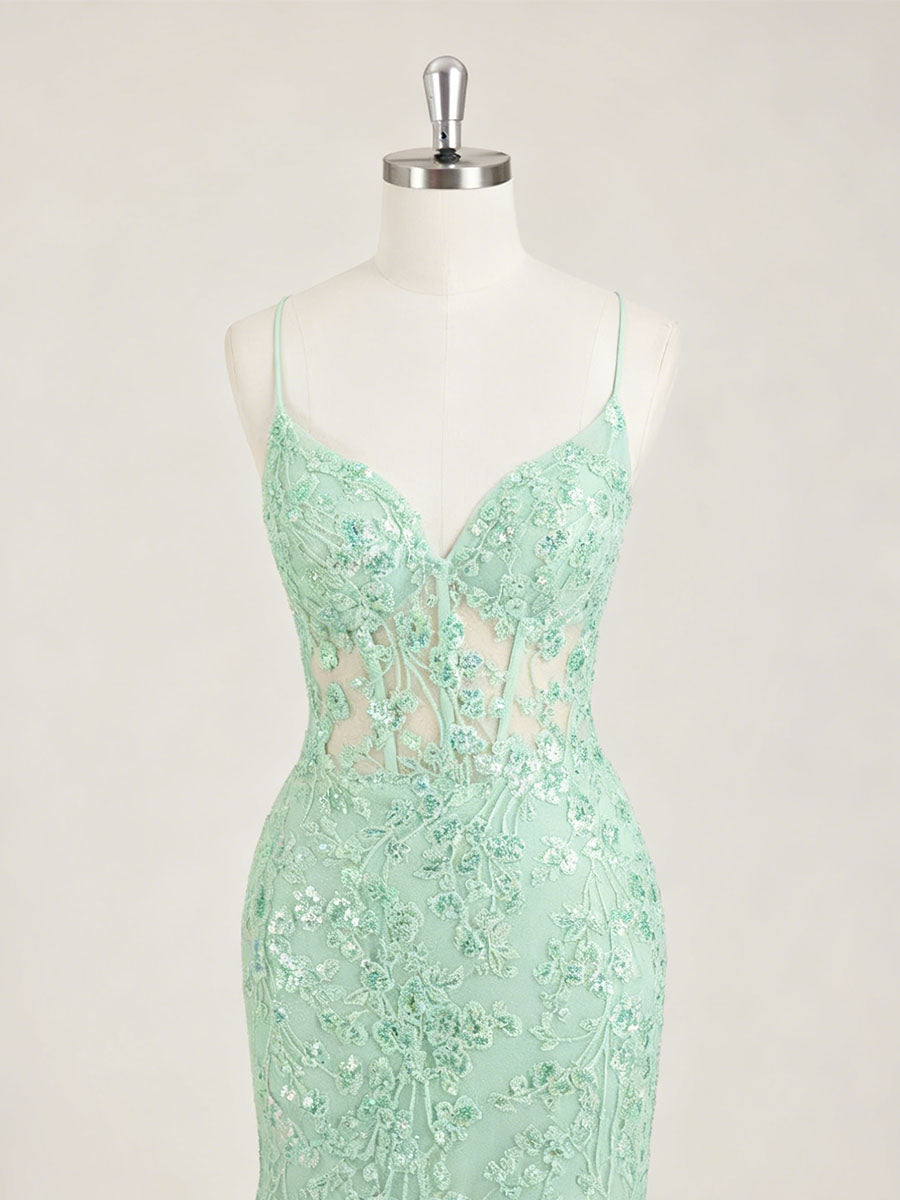 Mint Green V-Neck Mermaid Prom Dress with Floral Sequin Appliqué