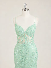 Mint Green V-Neck Mermaid Prom Dress with Floral Sequin Appliqué