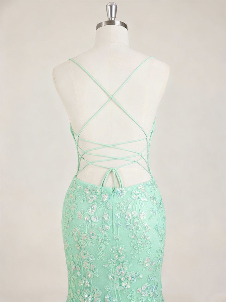 Mint Green V-Neck Mermaid Prom Dress with Floral Sequin Appliqué