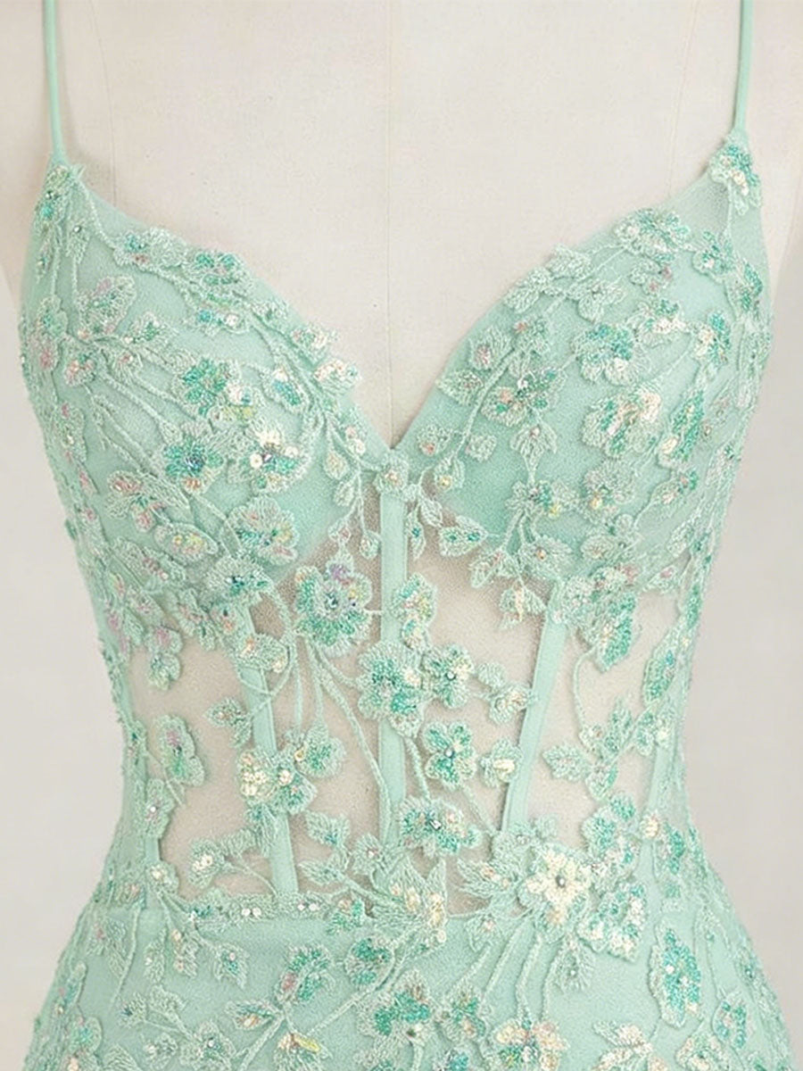 Mint Green V-Neck Mermaid Prom Dress with Floral Sequin Appliqué