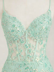 Mint Green V-Neck Mermaid Prom Dress with Floral Sequin Appliqué