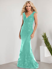 A-line V-Neck Floor-Length Lace Chiffon Mother of the Bride Dress With Applique Sequins Mermaid Dresses