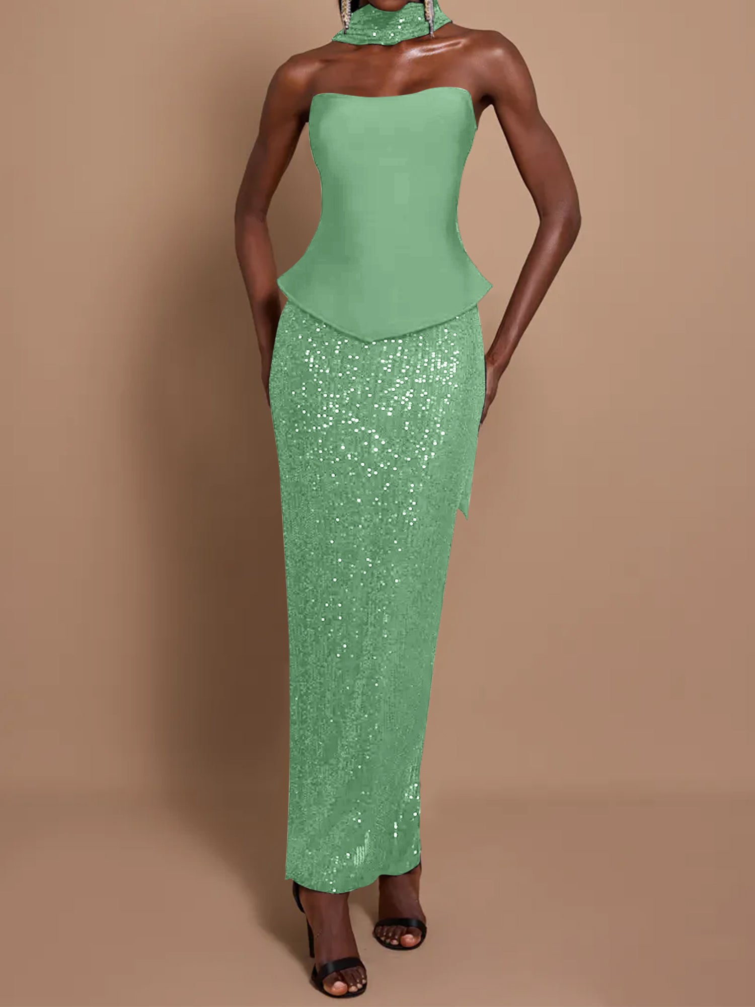 Off-Shoulder Bandage Top & Sequin Midi Skirt Set