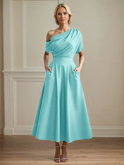 A Line Satin One Shoulder Pleated Ankle Length Mother of the Bride Dress