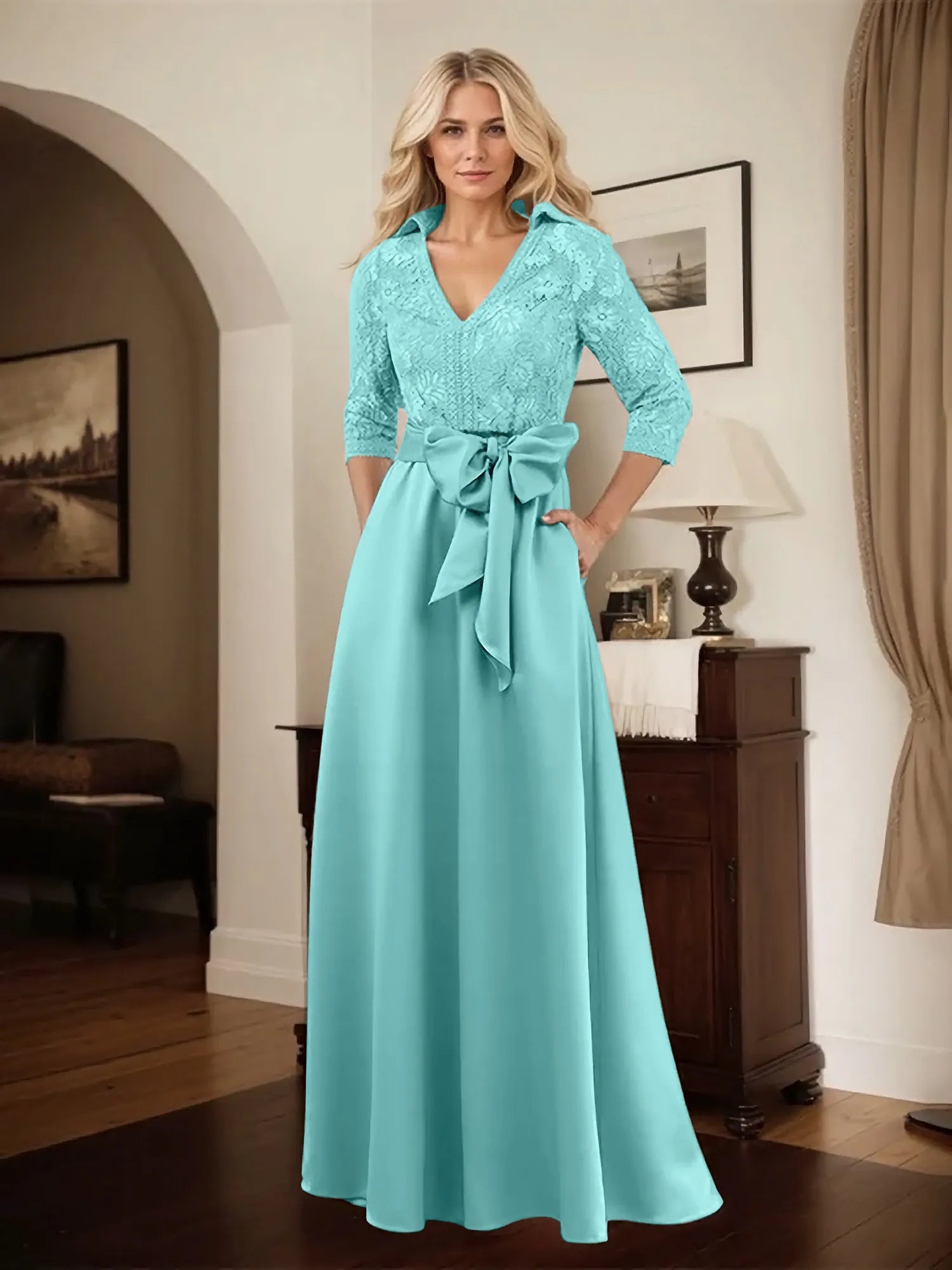 Classic V-Neck Bow Accented Satin Mother Of The Bride Dress With Lace