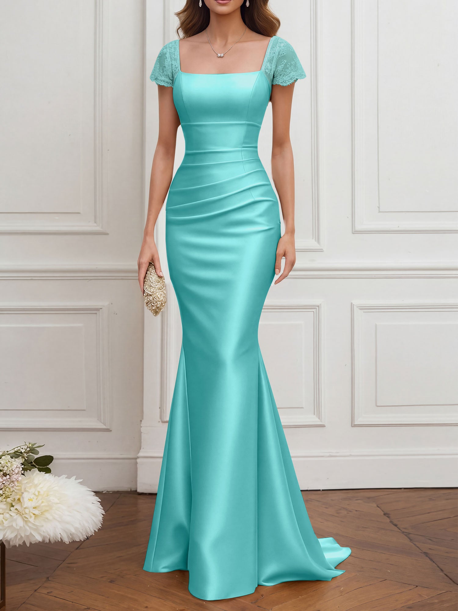 Mother of the Bride Dress Champagne Satin Square Neck Maxi Dress