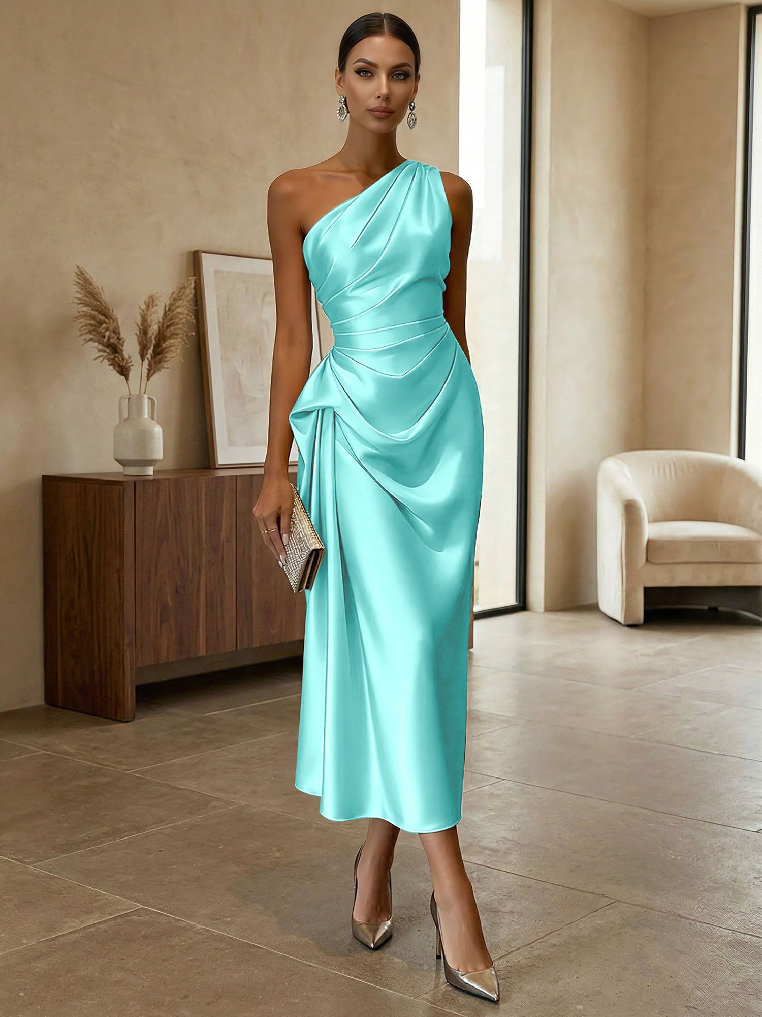 Champagne Ruched Satin One Shoulder Sleeveless Sheath Midi Dress