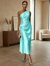 Champagne Ruched Satin One Shoulder Sleeveless Sheath Midi Dress