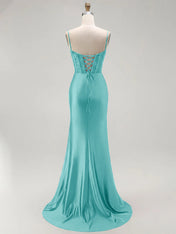 Sparkly Satin Mermaid Long Corset Prom Dress with Beading