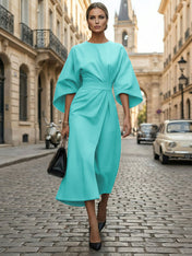 Loose Batwing Sleeve Dress Tight Waist Solid Color Elegant Dresses