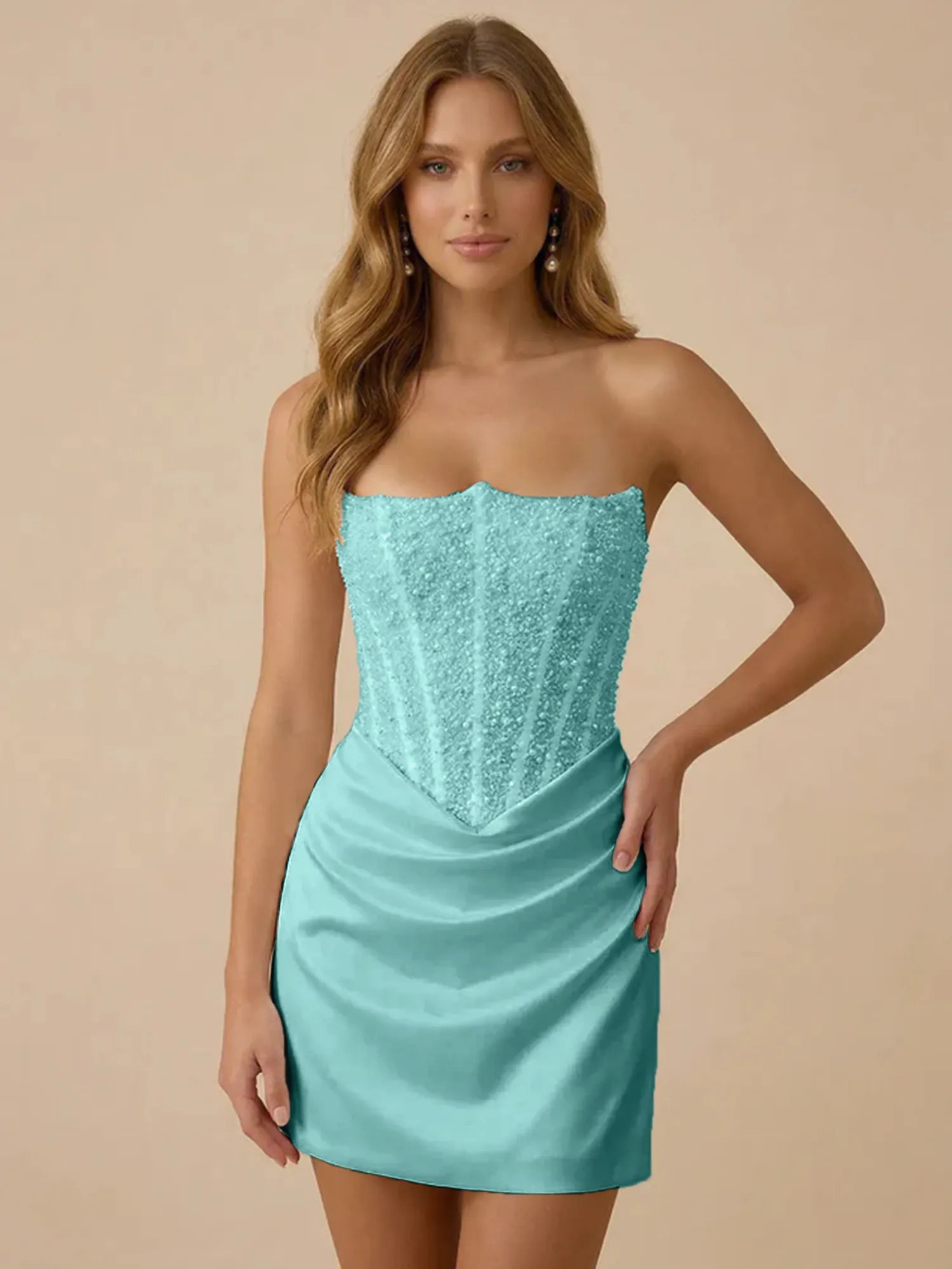 White Strapless Sequin Beaded Satin Short Homecoming Dress with Corset