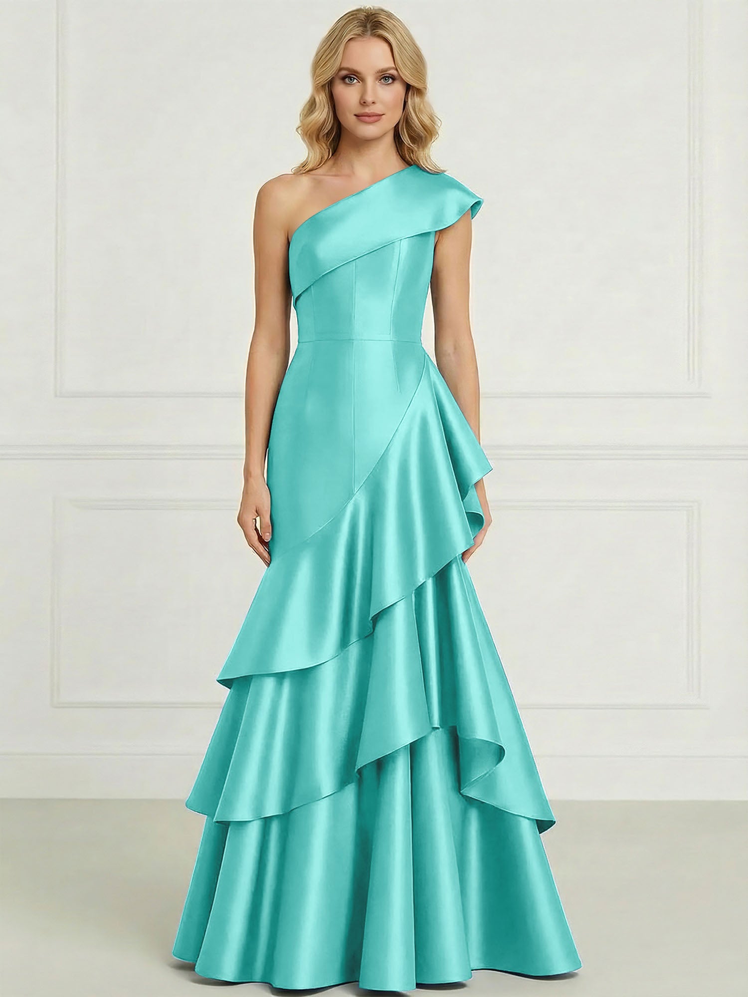Formal Evening Dress Dark Blue One-Shoulder Satin Tiered Maxi Gown
