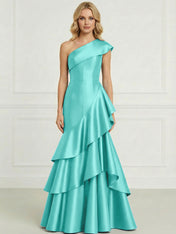 Formal Evening Dress Dark Blue One-Shoulder Satin Tiered Maxi Gown