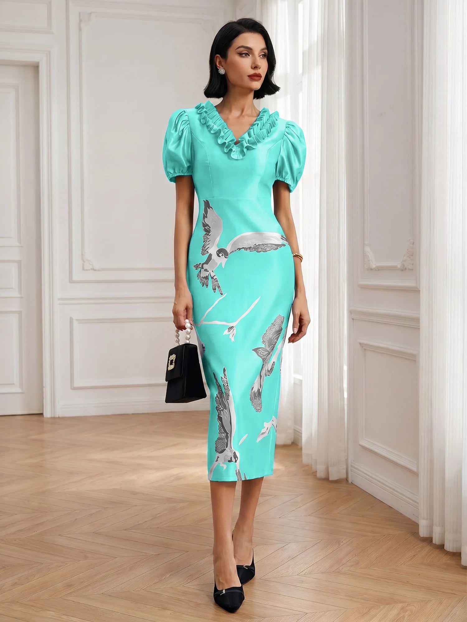 Black Folds V Neck Puff Sleeve Midi Sheath Dress