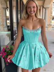 Sparkly Satin A Line Short Corset Homecoming Dress with Rhinestones