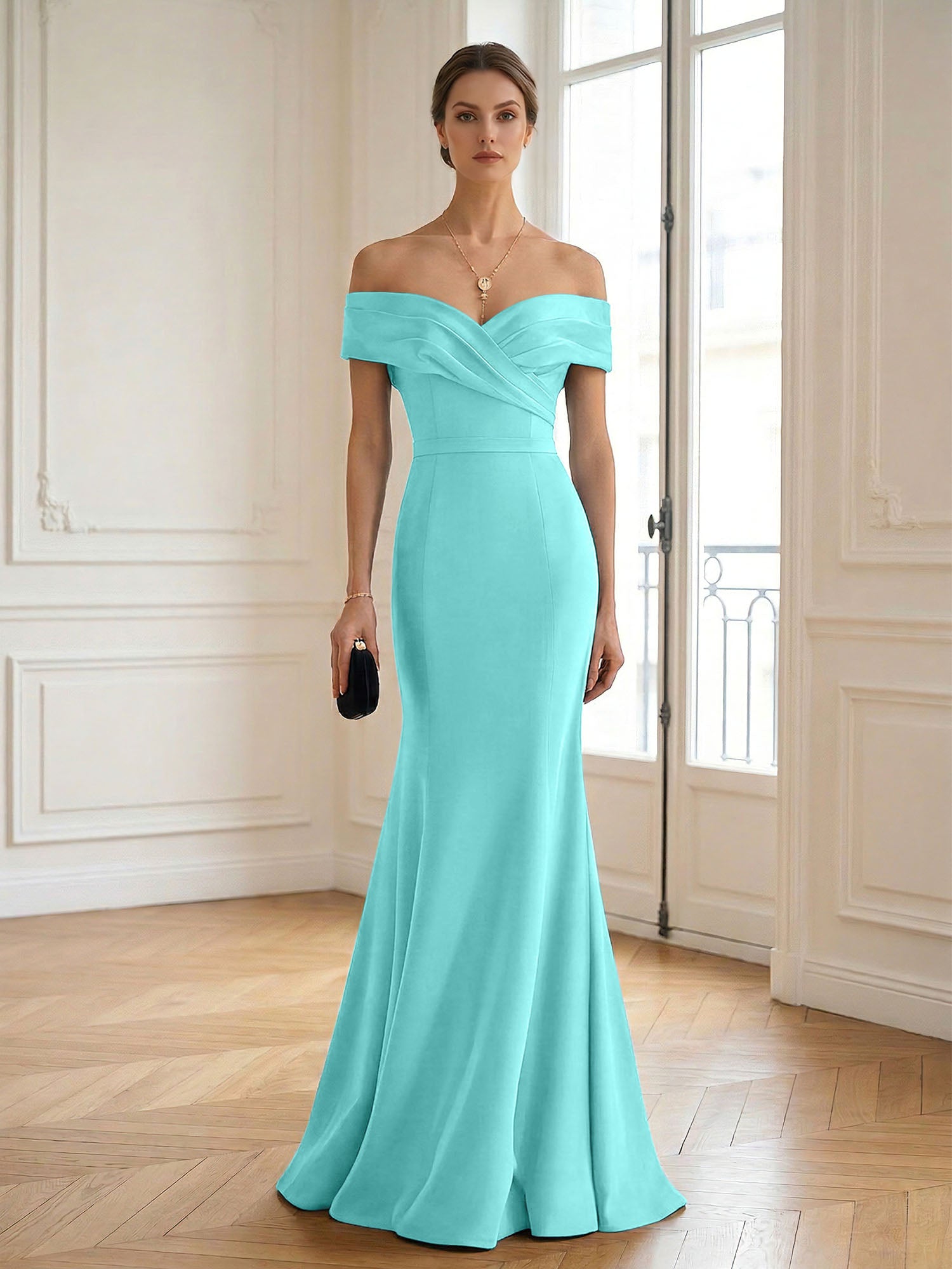 Formal Wedding Guest Dress Navy Off Shoulder Maxi Mermaid Dress