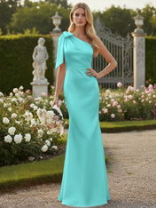 Light Blue One Shoulder Satin Sheath Long Bridesmaid Dresses