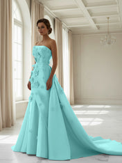 Pink A Line Satin Strapless Prom Dress with 3D Floral Appliques