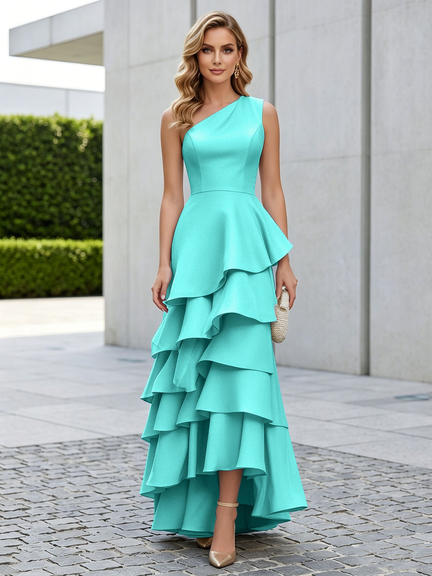 One Shoulder Tiered Ruffle Satin Mermaid Evening Gown with Sculptural Layers