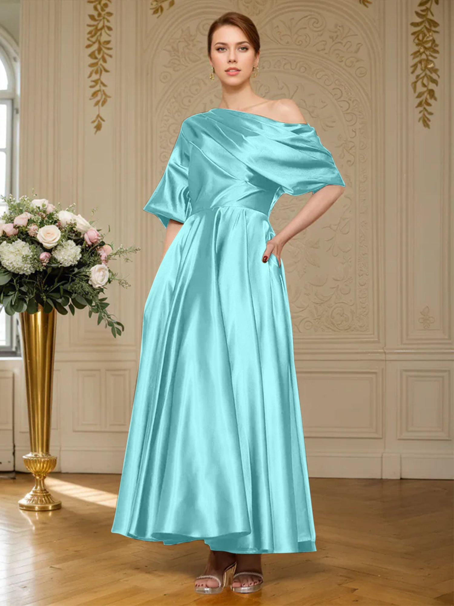 A-line Short Sleeves Pleated Ankle-Length Silk like Satin Mother of the Bride Dress