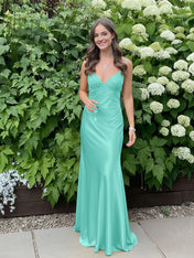 Blue A Line V-neck Beaded Back Tie Long Prom Dress