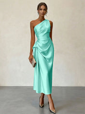 Champagne Ruched Satin One Shoulder Sleeveless Sheath Midi Dress