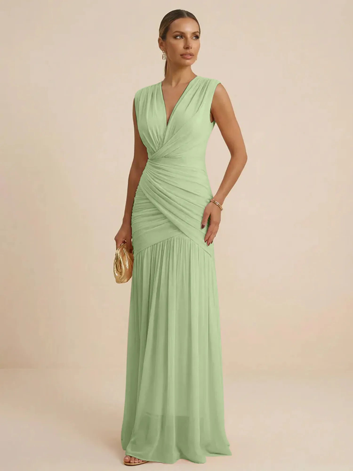 Pink Regular Straps V Neck Chiffon Pleat Mermaid Maxi Dress