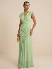 Pink Regular Straps V Neck Chiffon Pleat Mermaid Maxi Dress