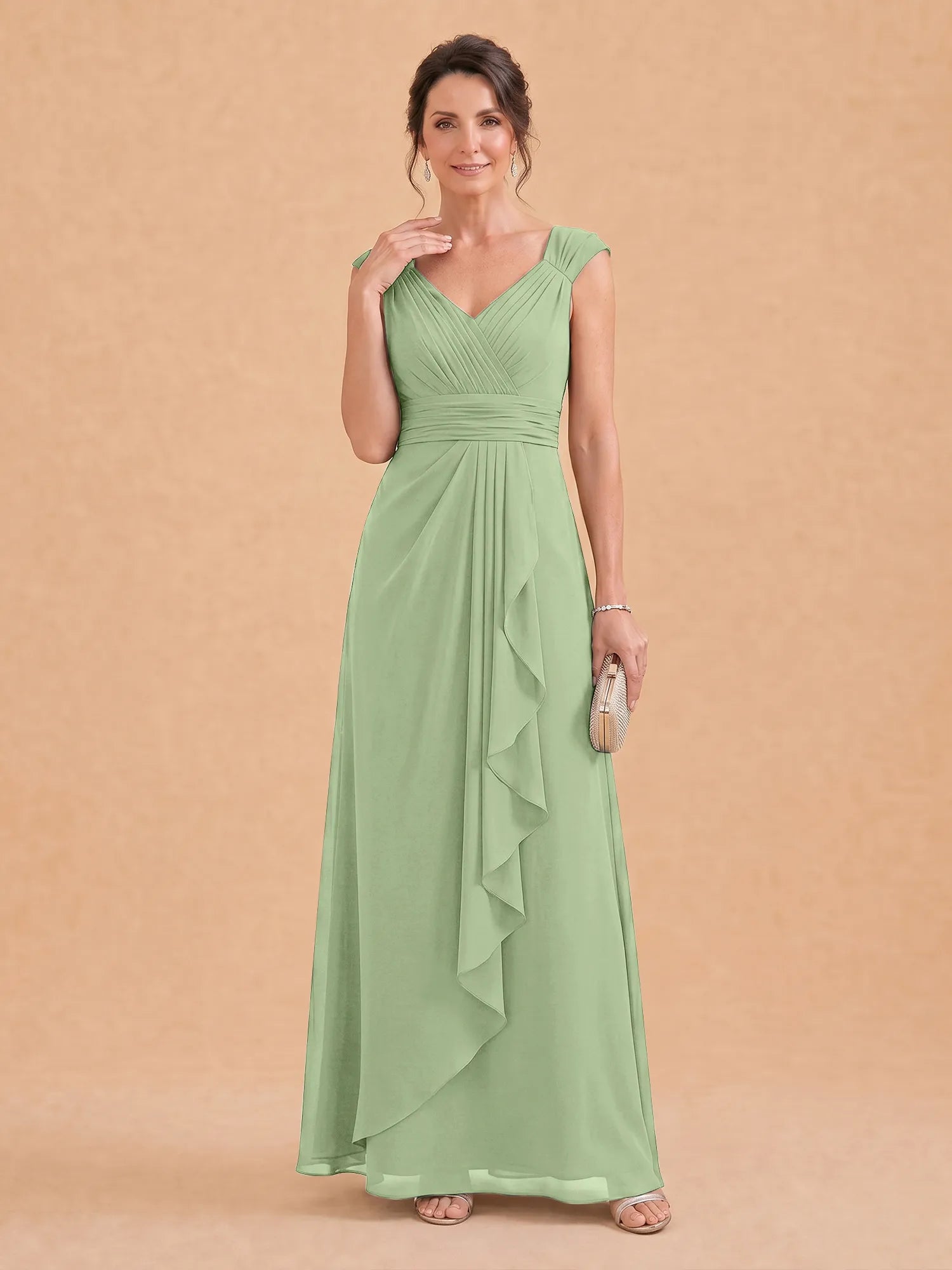 V-Neck Ruched Chiffon A-Line Mother of the Bride Dress with Cascading Ruffle