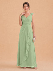 V-Neck Ruched Chiffon A-Line Mother of the Bride Dress with Cascading Ruffle