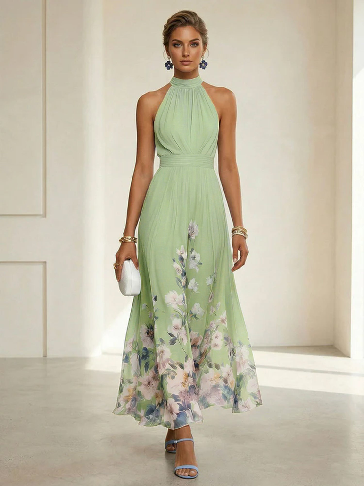 Light Blue Floral Chiffon Halter Sleeveless A-Line Maxi Dress Gown
