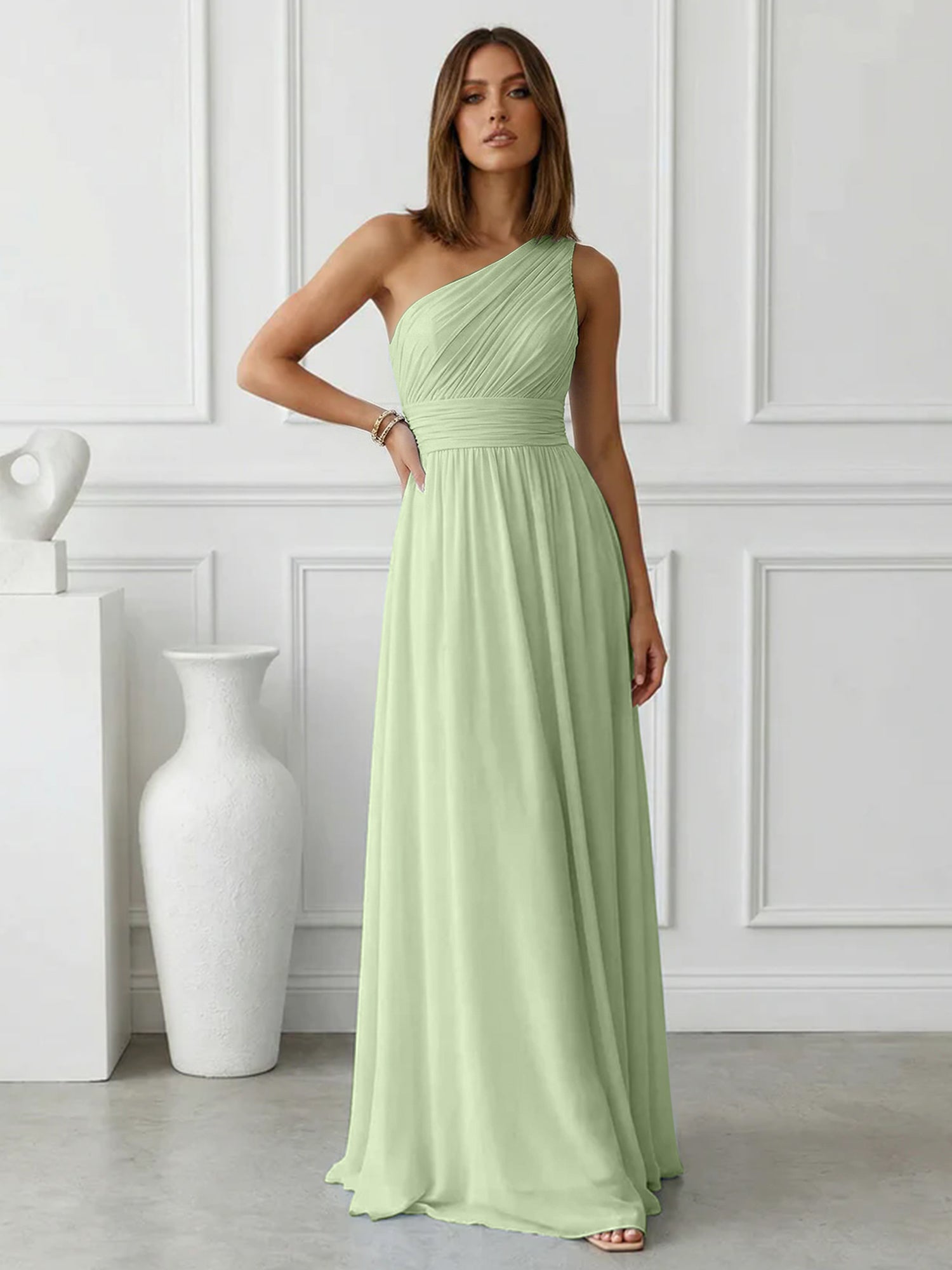 Timeless Light Blue One-Shoulder Maxi Dress Ruched Chiffon Gown