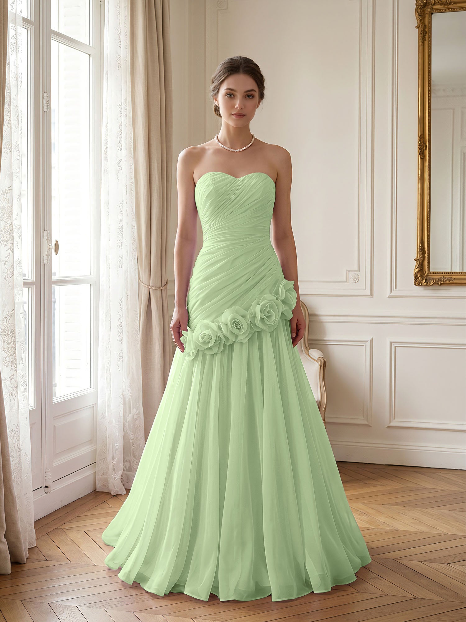 Lilac 3D Rosette Strapless Chiffon Evening Formal Gown Wedding Guest Dress