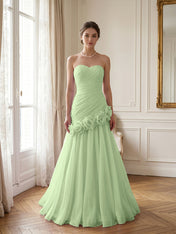 Lilac 3D Rosette Strapless Chiffon Evening Formal Gown Wedding Guest Dress