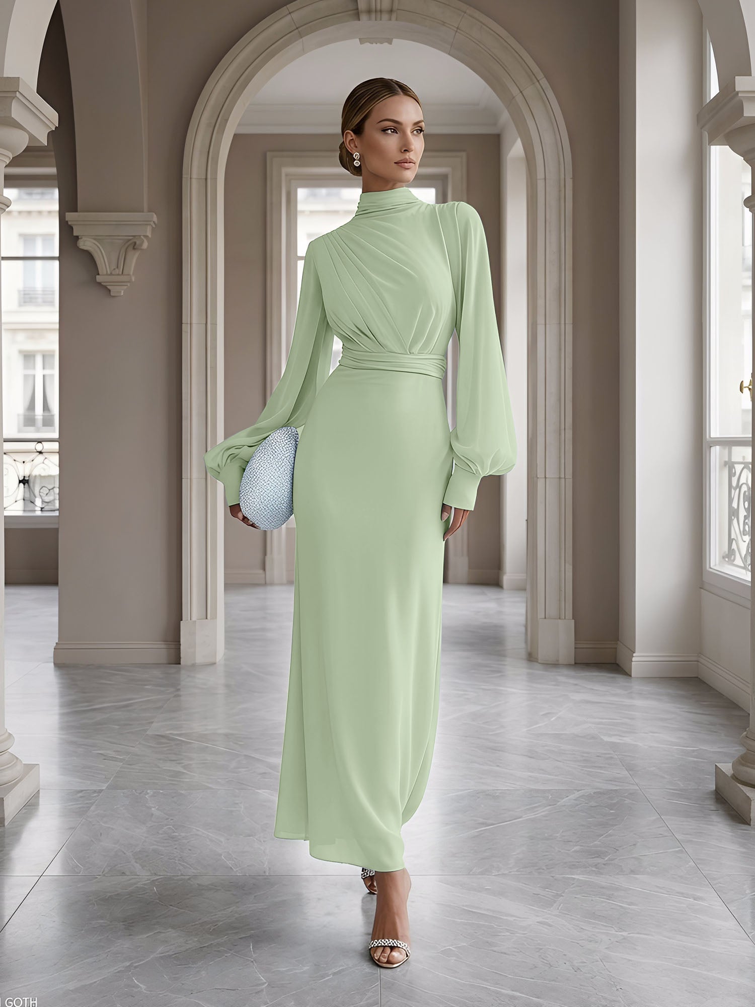 Ice Blue High-Neck Bishop Sleeve Gown Foraml Evening Dress