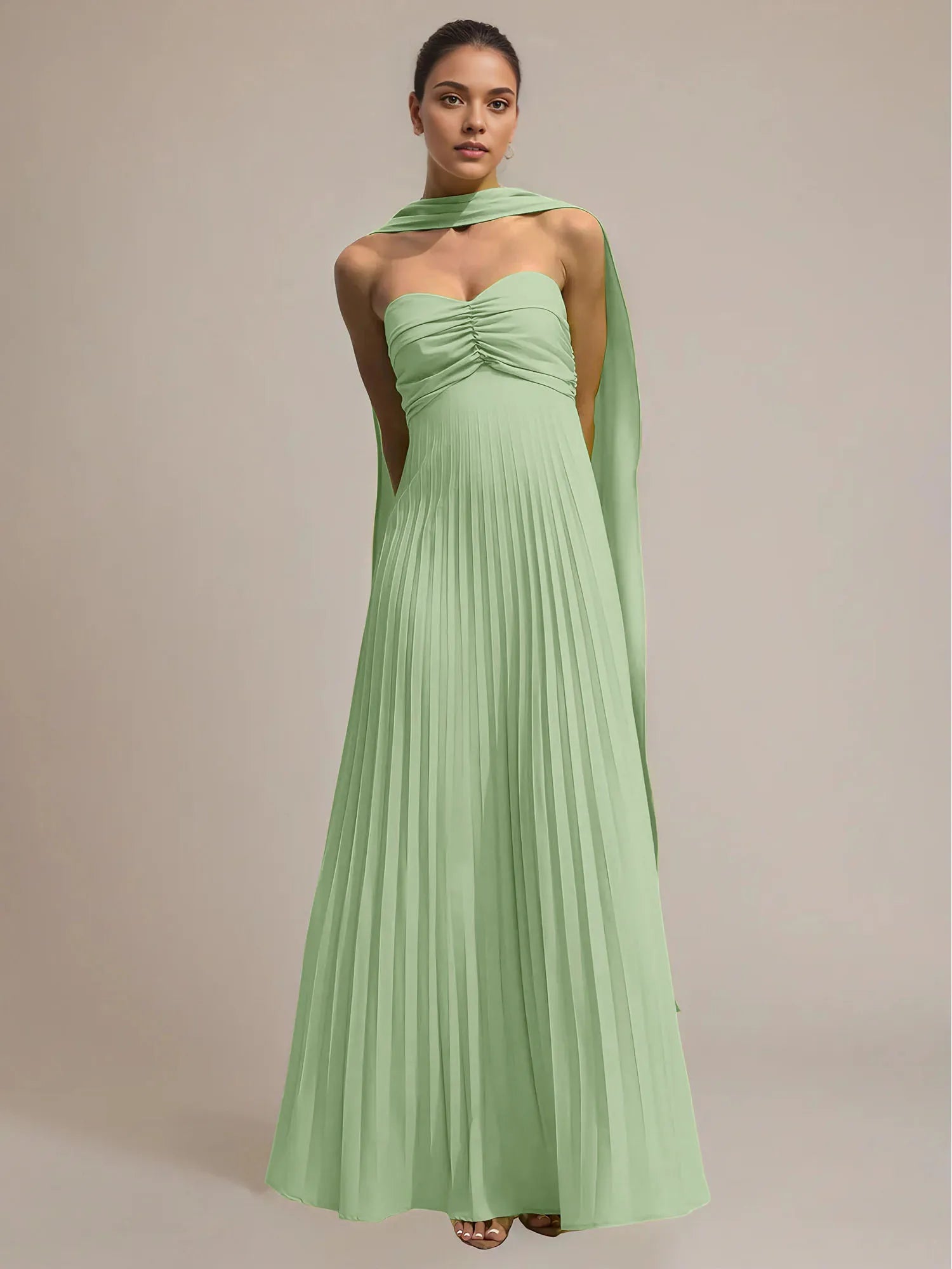 Green Chiffon A Line Off The Shoulder Sleeveless Floor Length Pleated Dress