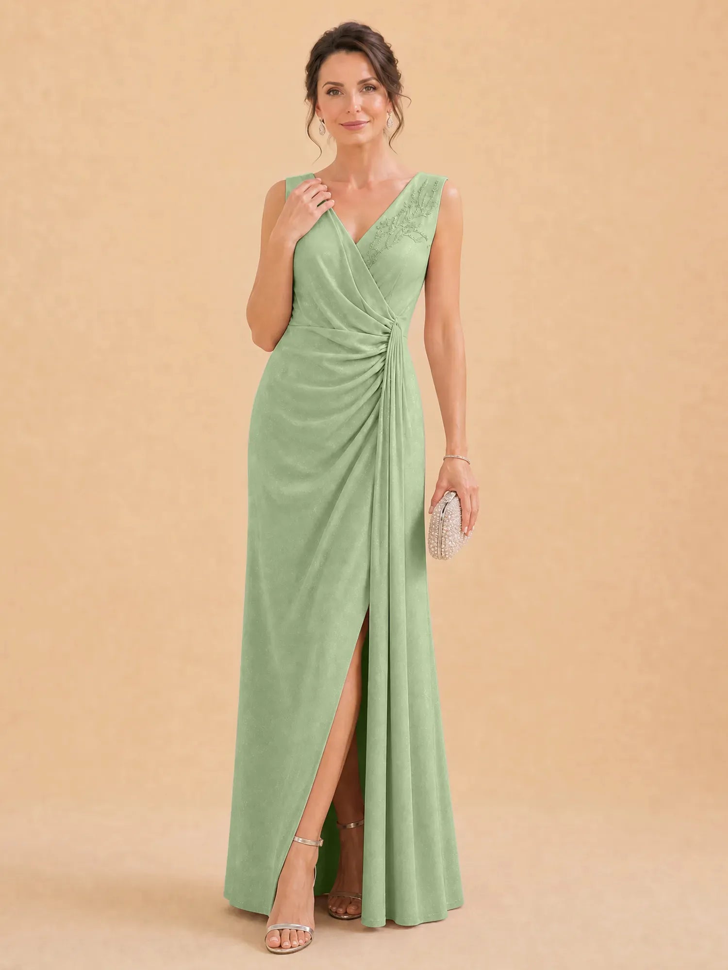V-Neck Faux-Wrap Evening Gown with Side Draping Mother of The Bride Dresses