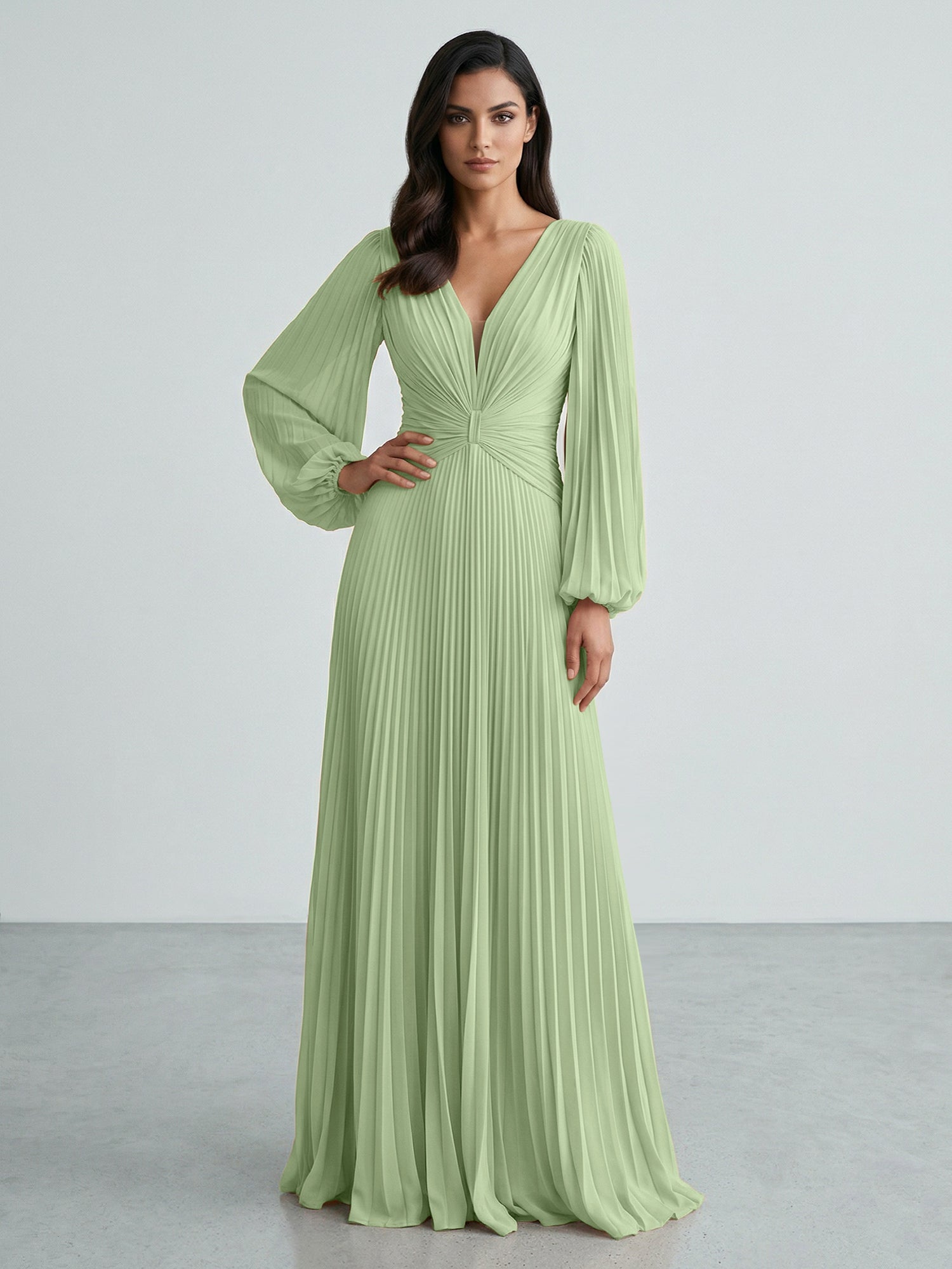 Slate Blue Plunging V-Neck Pleated Long Sleeve Maxi Dress Gown