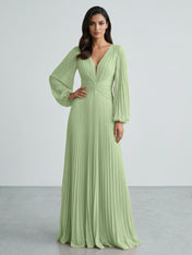 Slate Blue Plunging V-Neck Pleated Long Sleeve Maxi Dress Gown