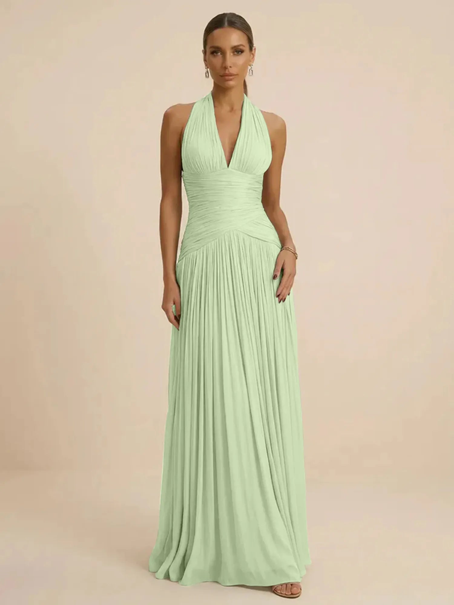 Sage Green Halter Neck Pleated Chiffon Evening Gown with Ruched