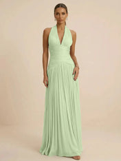 Sage Green Halter Neck Pleated Chiffon Evening Gown with Ruched