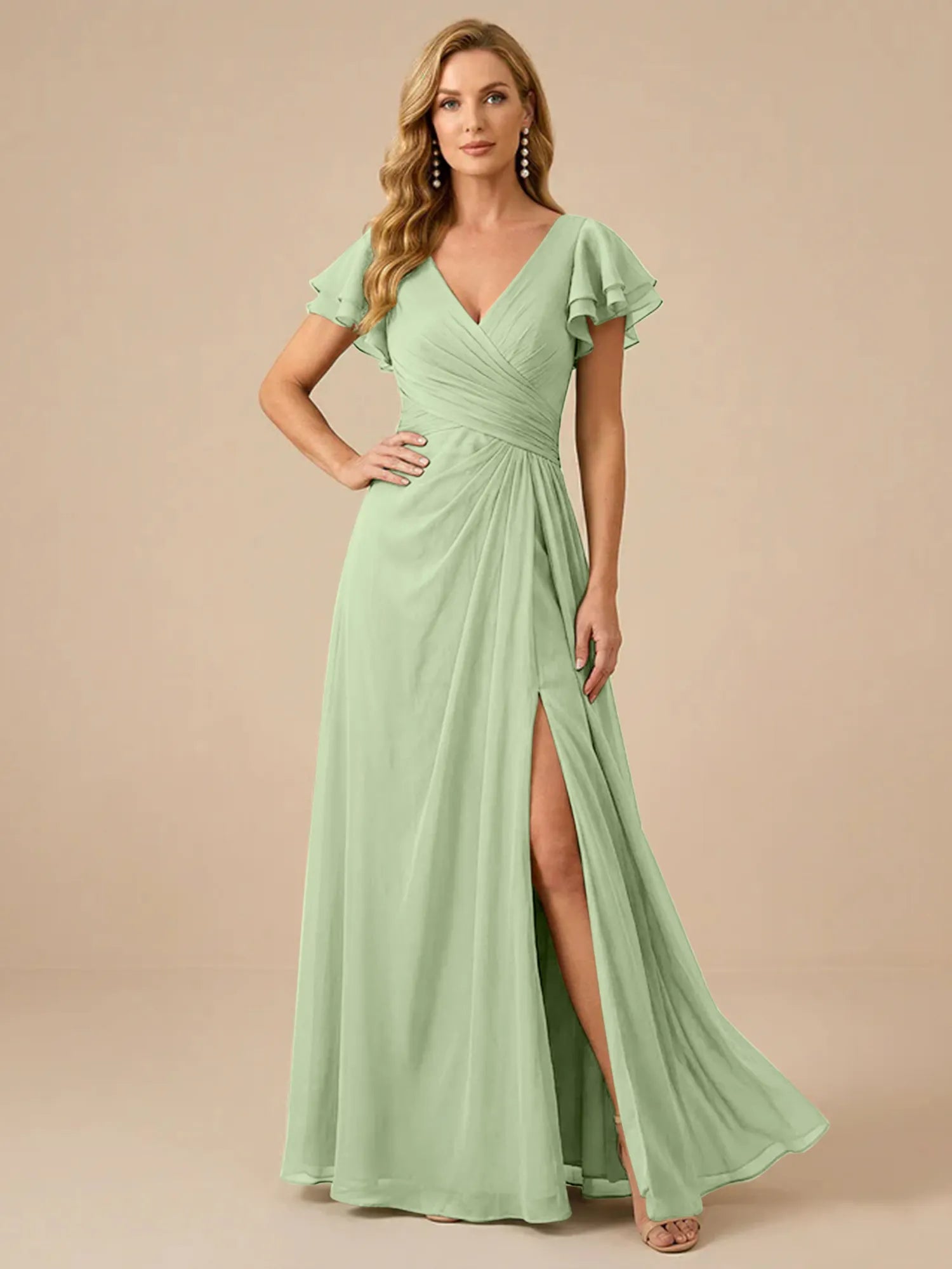 Sage Green V-Neck High-Slit Pleated Chiffon Dress