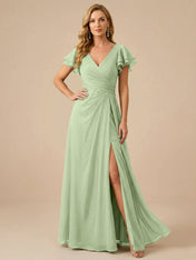 Sage Green V-Neck High-Slit Pleated Chiffon Dress