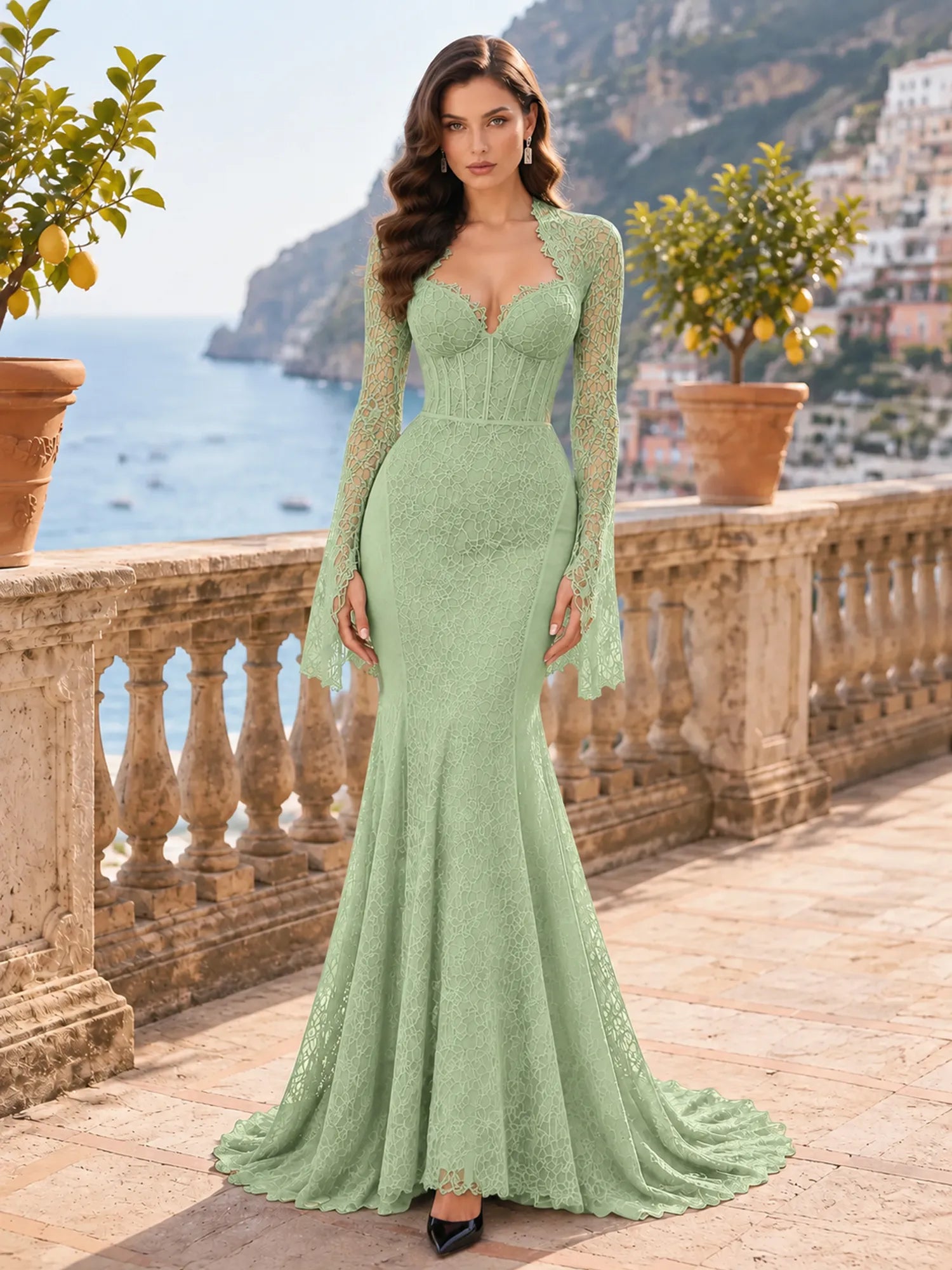 Long-Sleeve Lace-Trimmed Mermaid Evening Dress