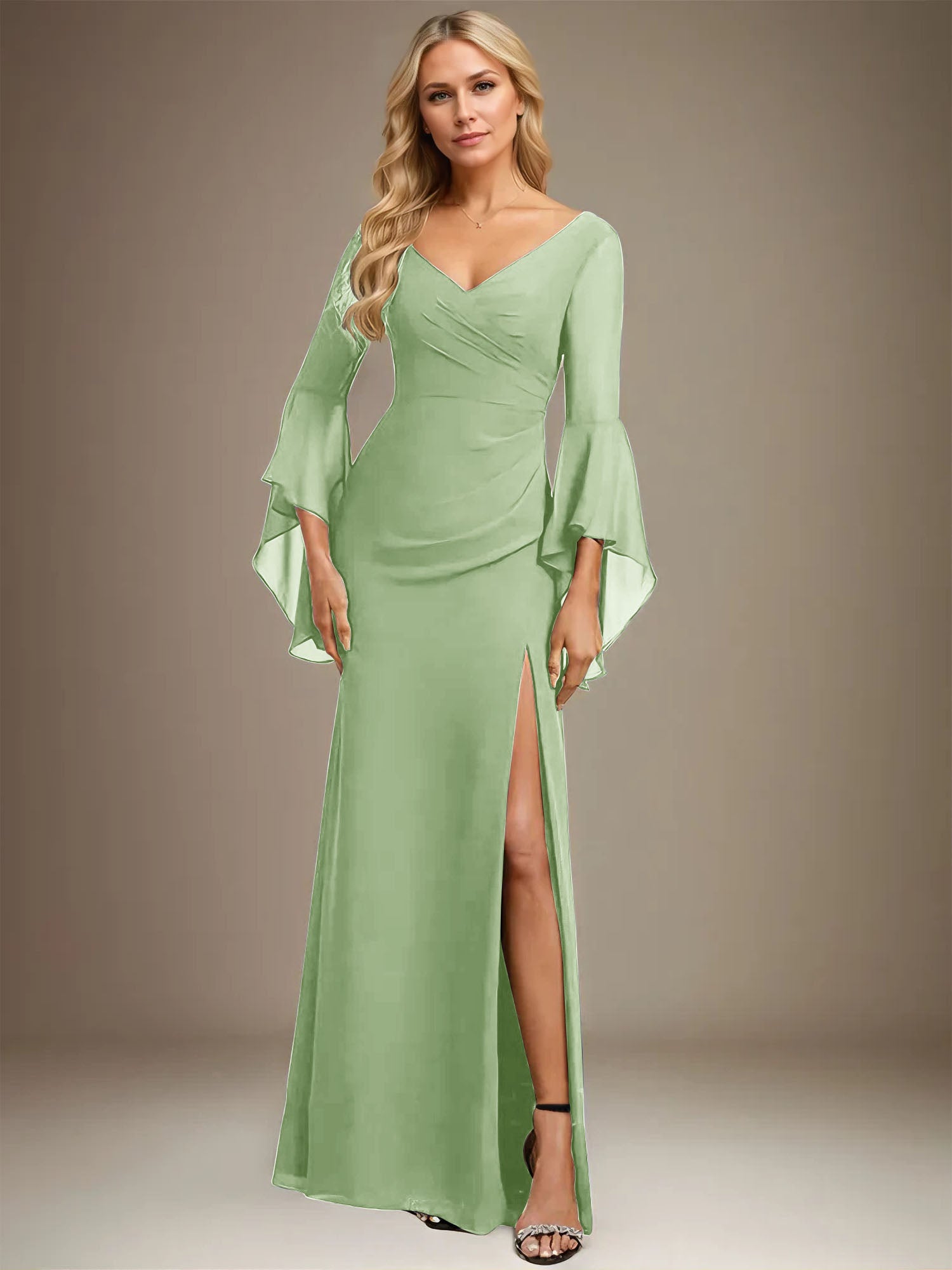 Sheath/Column V-Neck Floor-Length Chiffon Dress With Pleated