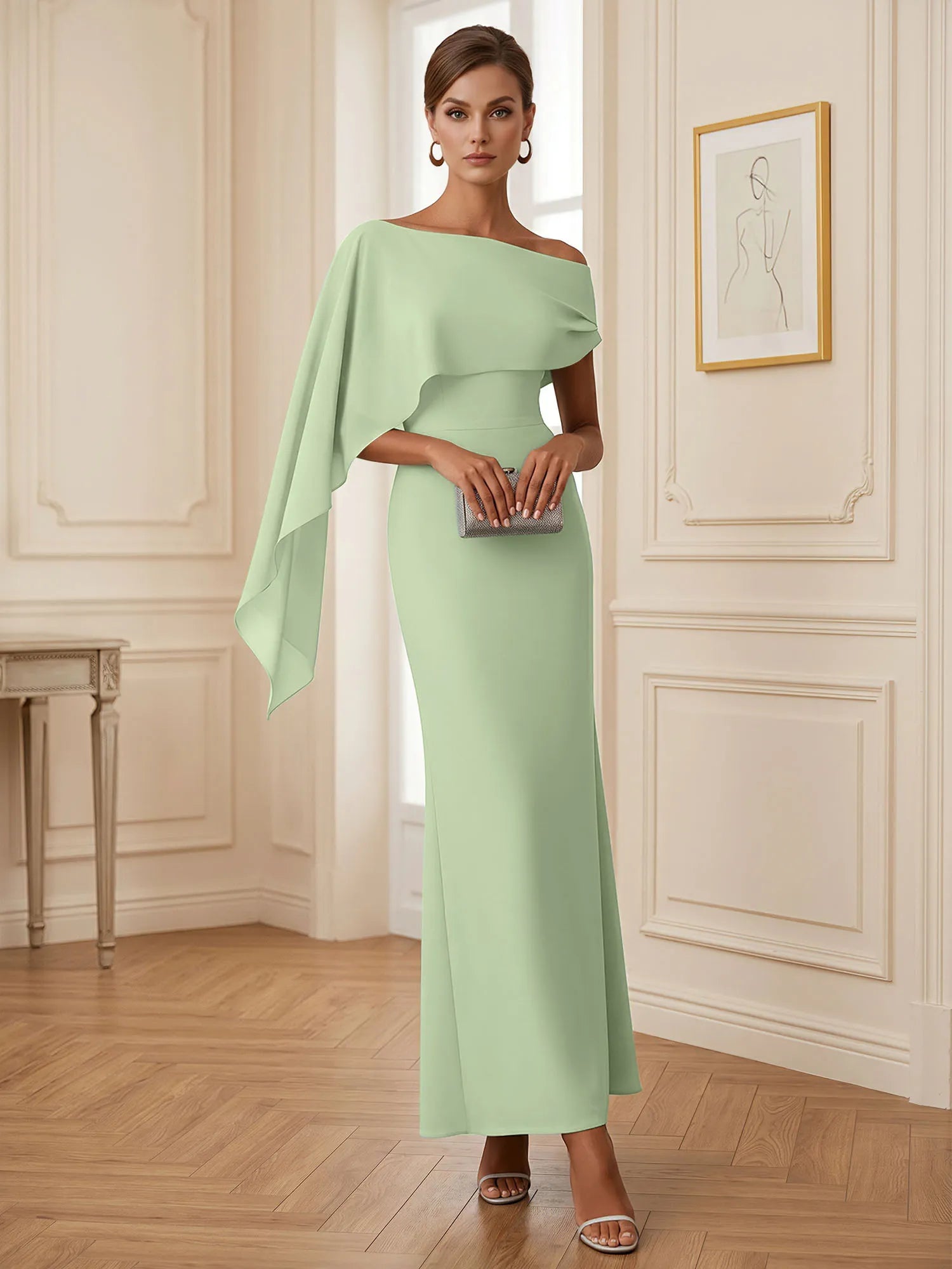 Elegant Mint Green One-Shoulder Chiffon Mermaid Formal Evening Dress with Cape and Ruffles