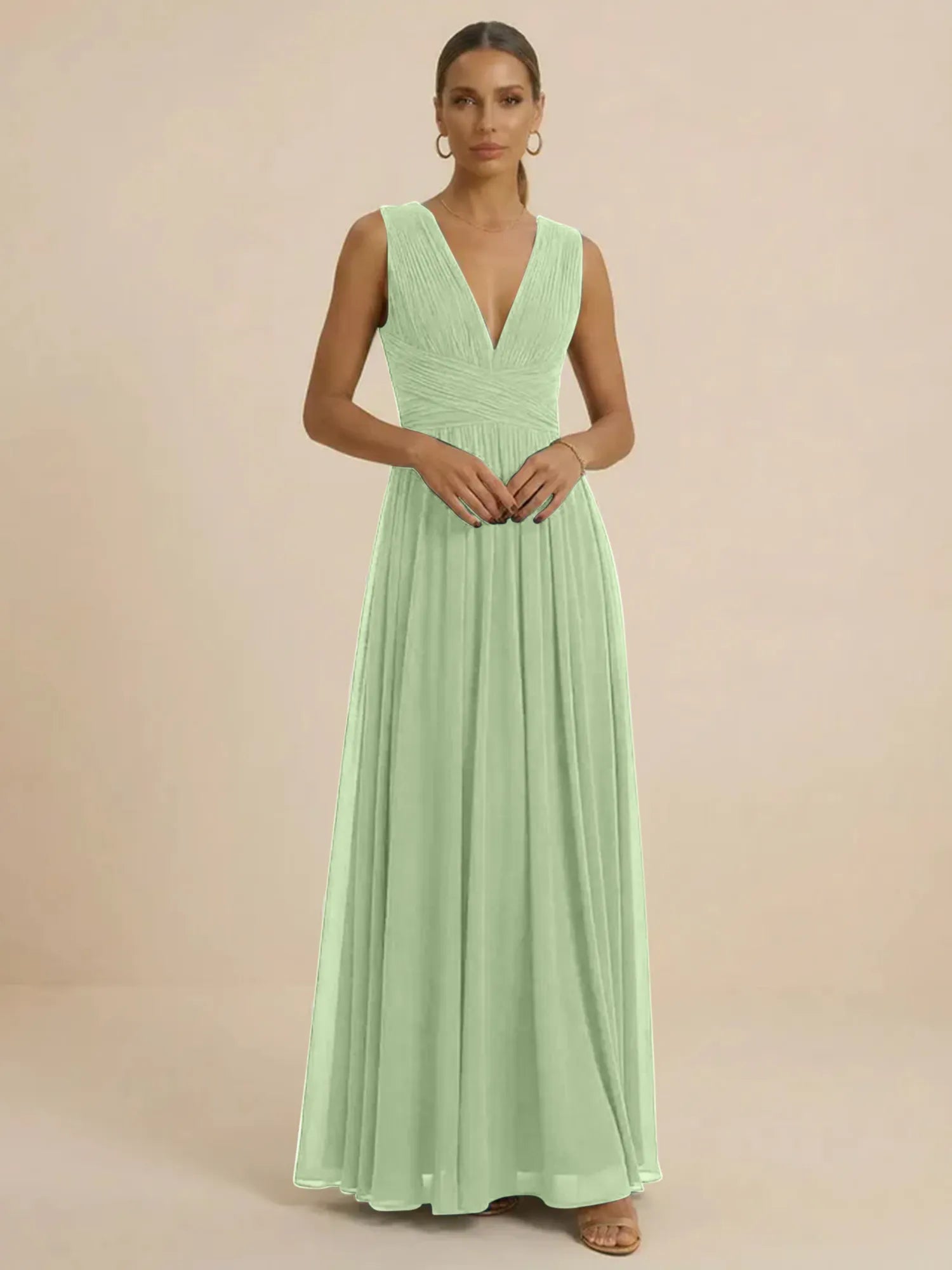 Teal Pleated V-Neck Chiffon Evening Gown with Ruched