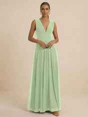 Teal Pleated V-Neck Chiffon Evening Gown with Ruched