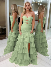 Yellow Strapless Mermaid Cutouts Ruffled Tiered Corset Back Prom Dress with Slit